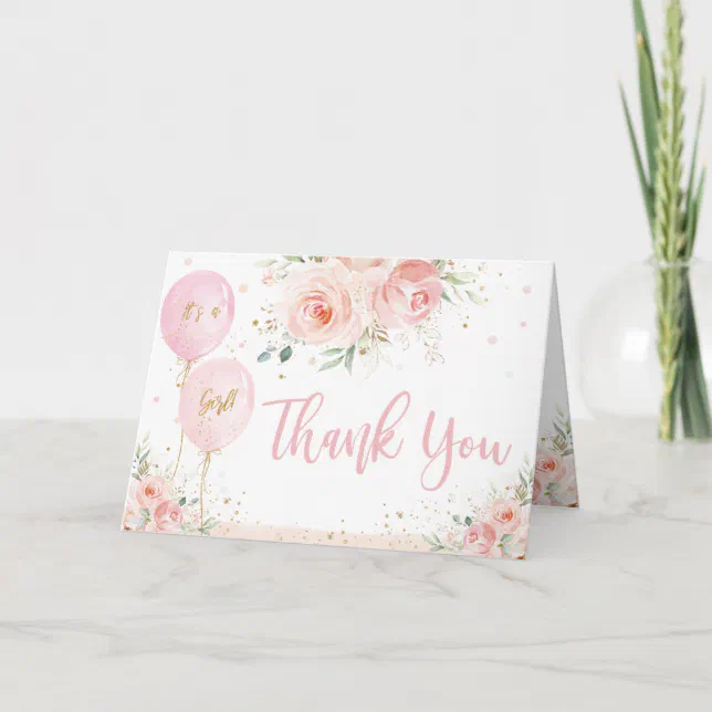 Blush Pink Floral Balloons Gold Girl Baby Shower Thank You Card | Zazzle