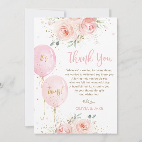 Blush Pink Floral Balloons Gold Twins Baby Shower Thank You Card
