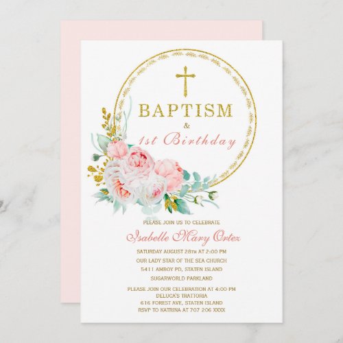 Blush Pink Floral Baptism and  First Birthday Invi Invitation
