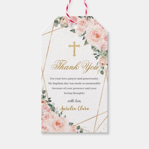 Blush Pink Floral Baptism Christening Gold Cross  Gift Tags