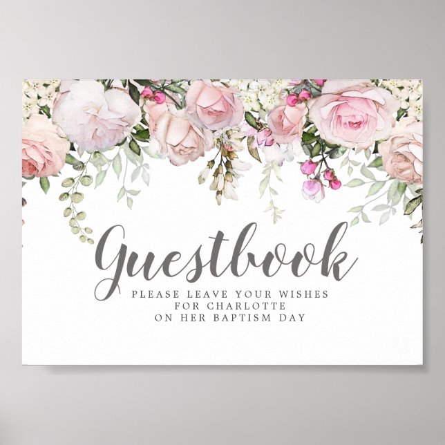 Blush Pink Floral Baptism Guestbook Sign (Front)
