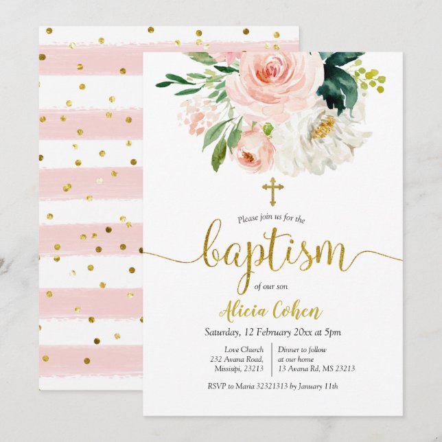 Blush Pink Floral Baptism Invitation (Front/Back)