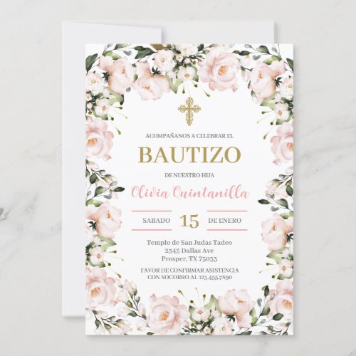 Blush Pink Floral Baptism Spanish Invitation