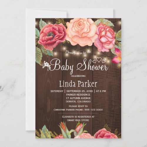 Blush pink floral barn wood baby shower invitation