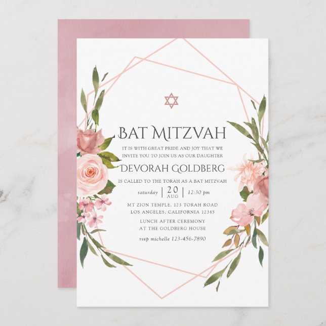 Blush Pink Floral Bat Mitzvah Invitation (Front/Back)