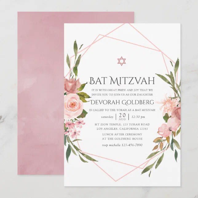 Blush Pink Floral Bat Mitzvah Invitation | Zazzle
