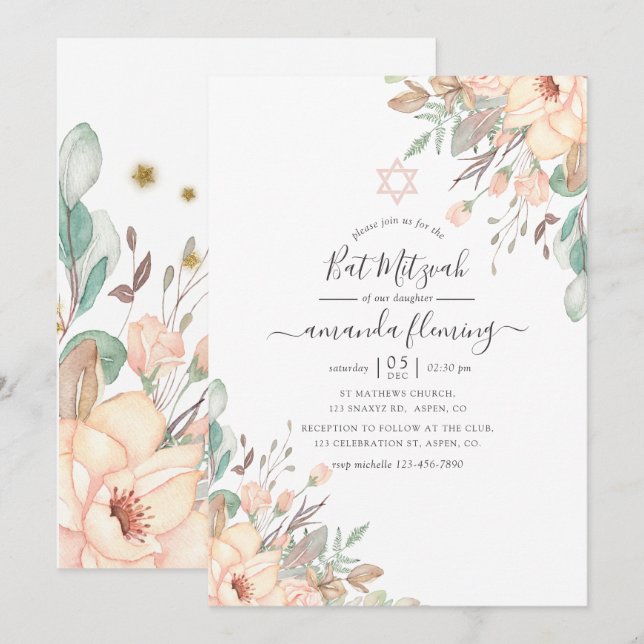 Blush Pink Floral Bat Mitzvah Invitation (Front/Back)