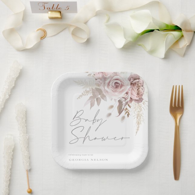 Blush Pink Floral Beautiful Baby Shower Paper Plates (Wedding)