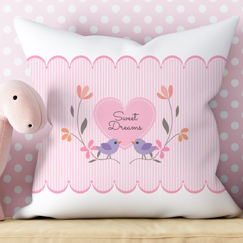 Blush Pink Floral Birds Stripes Throw Pillow