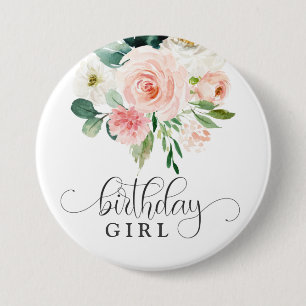 Blush Pink Floral Birthday Girl Button