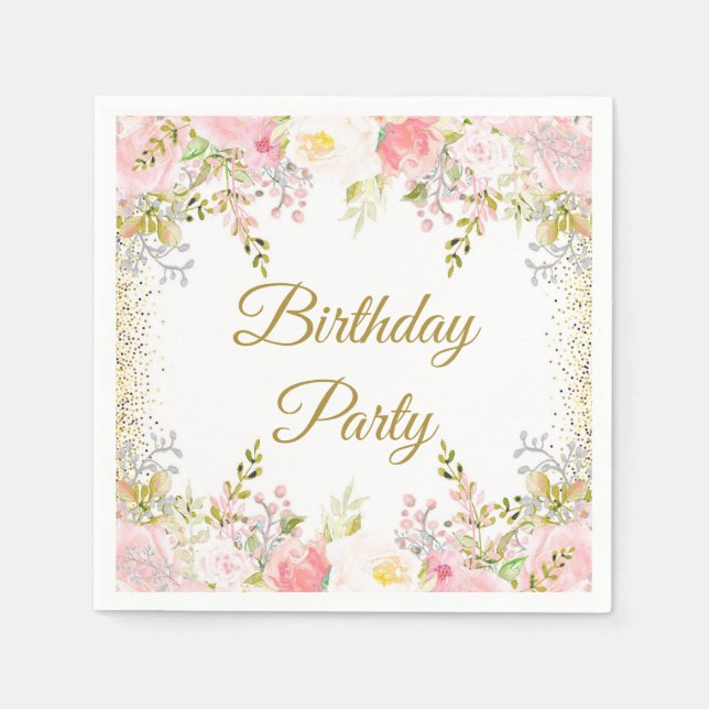Blush Pink Floral Birthday Party Napkins (Front)