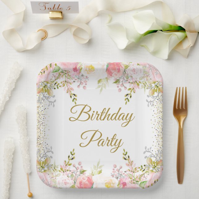 Blush Pink Floral Birthday Party Paper Plates (Wedding)