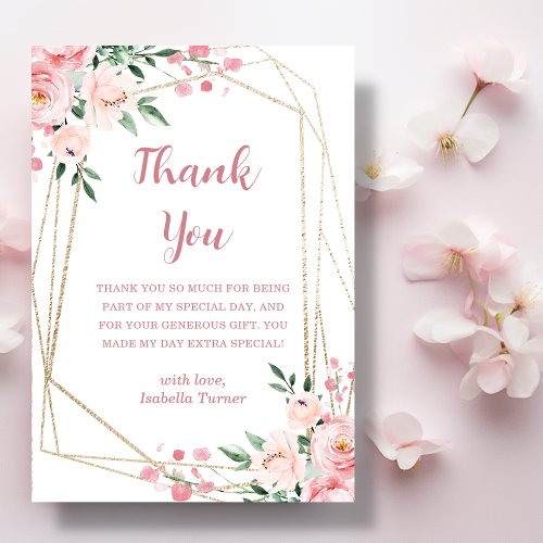 Blush Pink Floral  Birthday Thank You Card