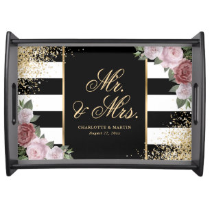 Blush Pink Floral Black White Gold Wedding Serving Tray