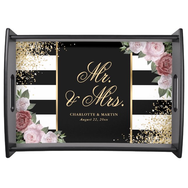 Blush Pink Floral Black White Gold Wedding Serving Tray (Front)