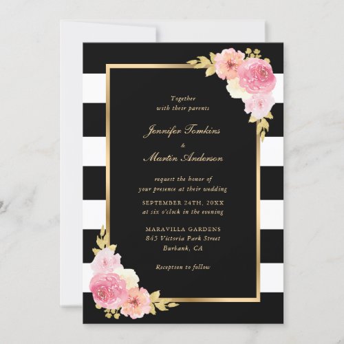 Blush Pink Floral Black White Striped Wedding Invitation