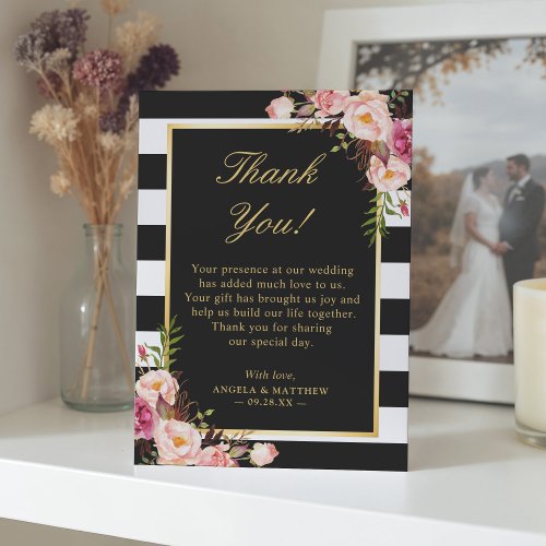 Blush Pink Floral Black White Stripes Wedding Thank You Card