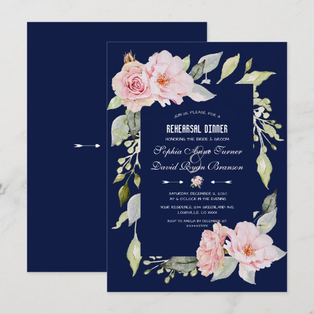 Blush Pink Floral Bloom Navy Blue Rehearsal Dinner Invitation (Front/Back)