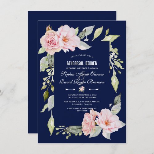 Blush Pink Floral Bloom Navy Blue Rehearsal Dinner Invitation