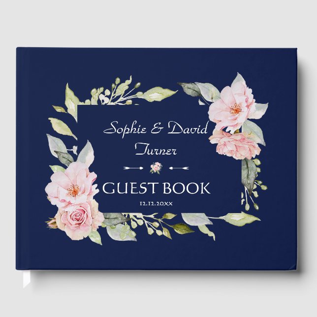 Blush Pink Floral Bloom Navy Blue Wedding Guest Book (Front)
