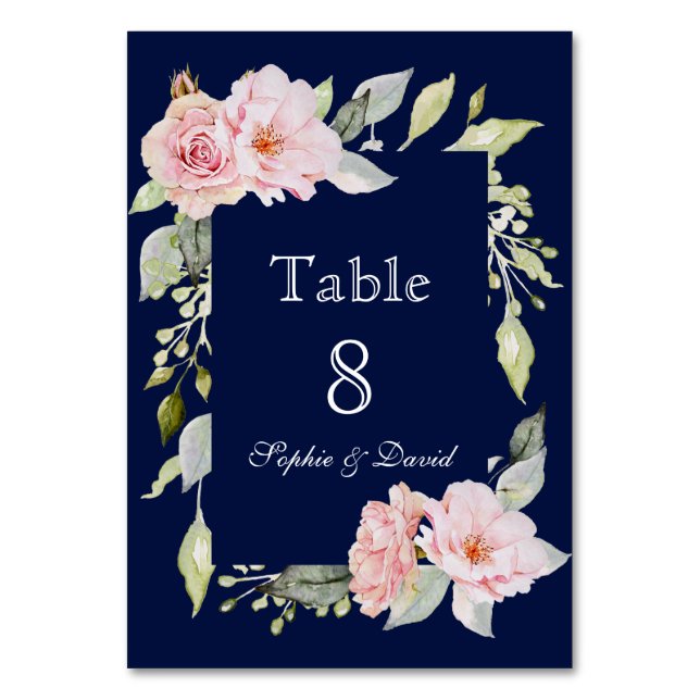 Blush Pink Floral Bloom Navy Blue Wedding Table Number (Front)