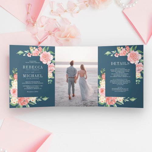 Blush Pink Floral Bloom Photo Dusty Blue Wedding Tri_Fold Invitation