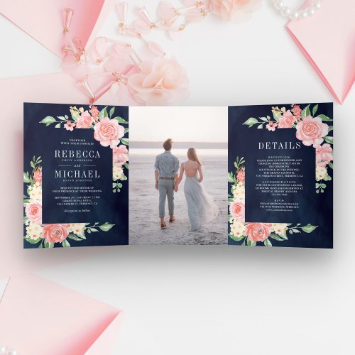 Blush Pink Floral Bloom Photo Navy Blue Wedding Tri_Fold Invitation