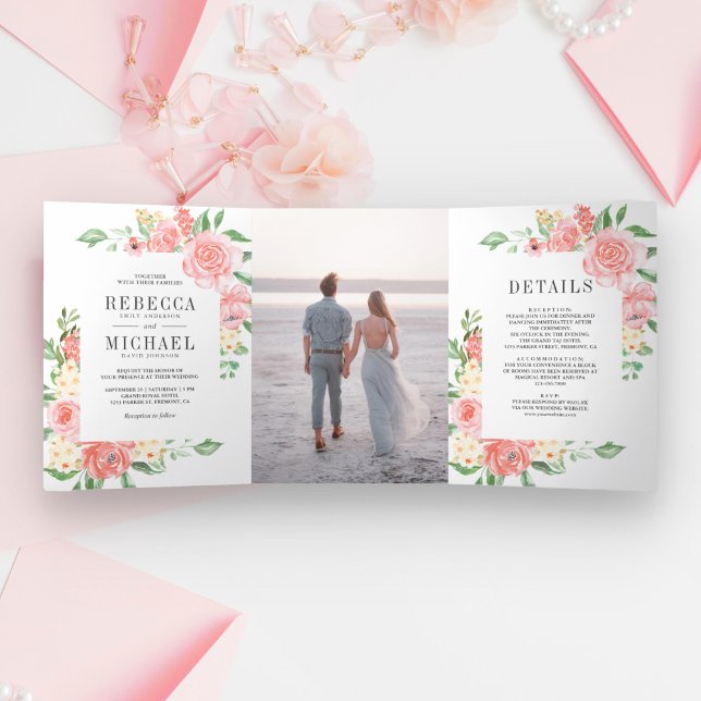 Blush Pink Floral Bloom Rose Garden Photo Wedding  Tri-Fold Invitation (Creator Uploaded)