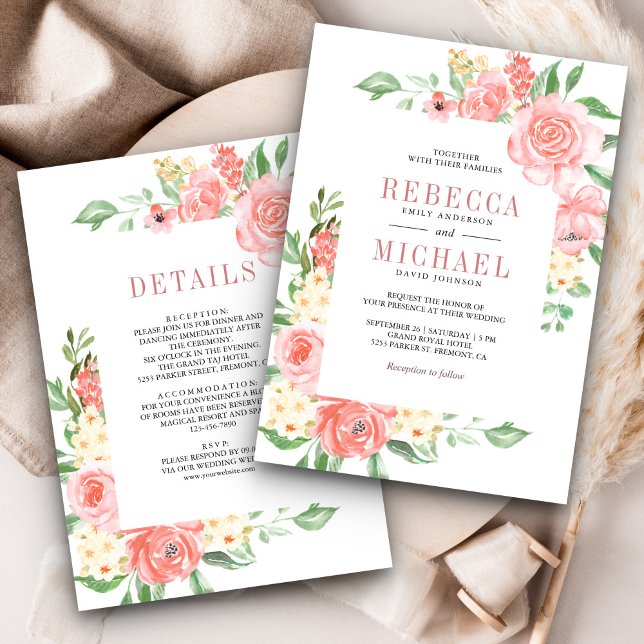 Blush Pink Floral Bloom Roses All in One Wedding Invitation (Creator Uploaded)