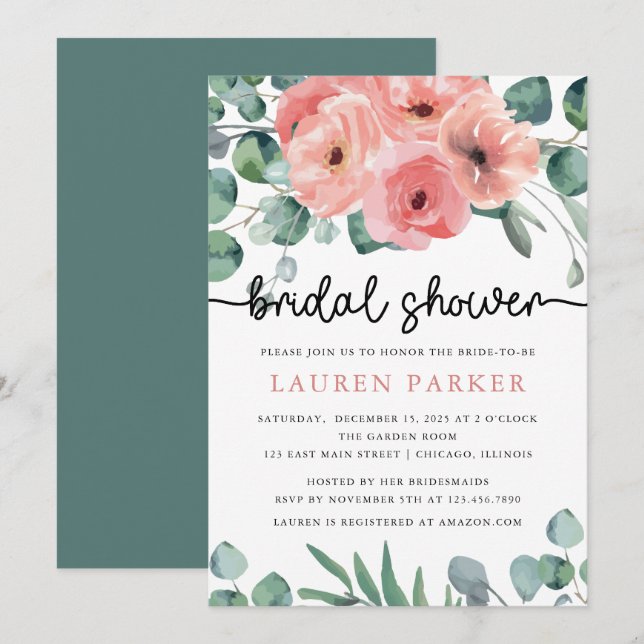Blush Pink Floral Blooms and Foliage Bridal Shower Invitation (Front/Back)