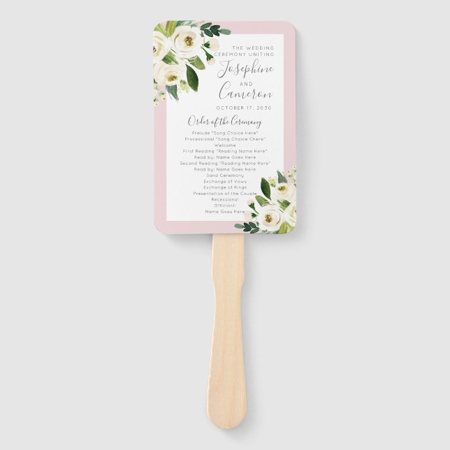Blush Pink Floral Blooms Wedding Ceremony Program Hand Fan (Front)