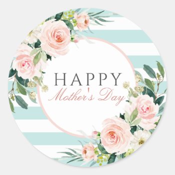 Blush Pink Floral Blue Stripes Mother's Day Classic Round Sticker by DP_Holidays at Zazzle