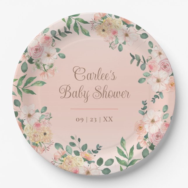 Blush Pink Floral Boho Baby Shower Paper Plates (Front)