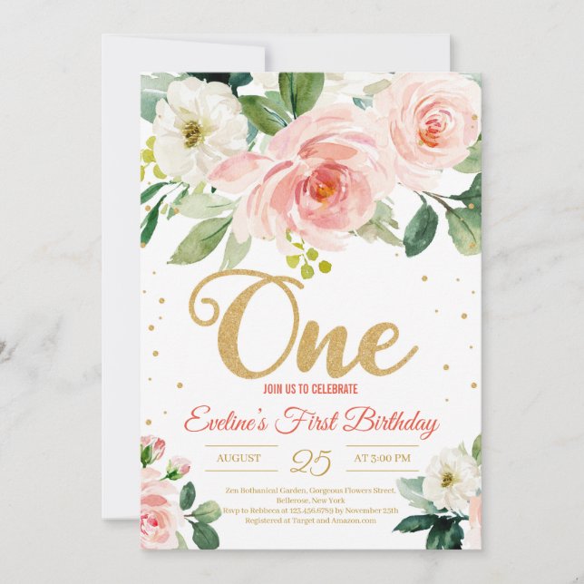 Blush pink floral boho ONE girl first birthday Invitation (Front)