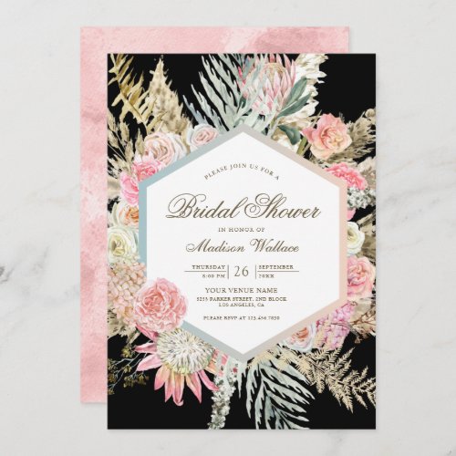 Blush Pink Floral Boho Pampas Black Bridal Shower Invitation
