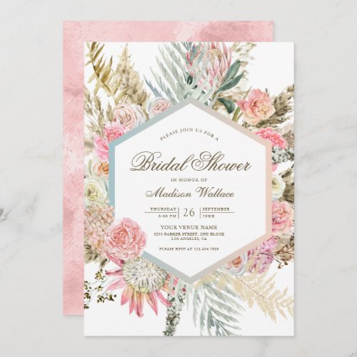 Blush Pink Floral Boho Pampas Bridal Shower Invitation