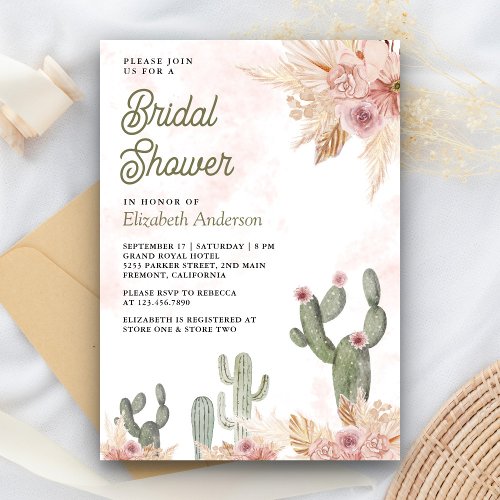 Blush Pink Floral Boho Pampas Cactus Bridal Shower Invitation