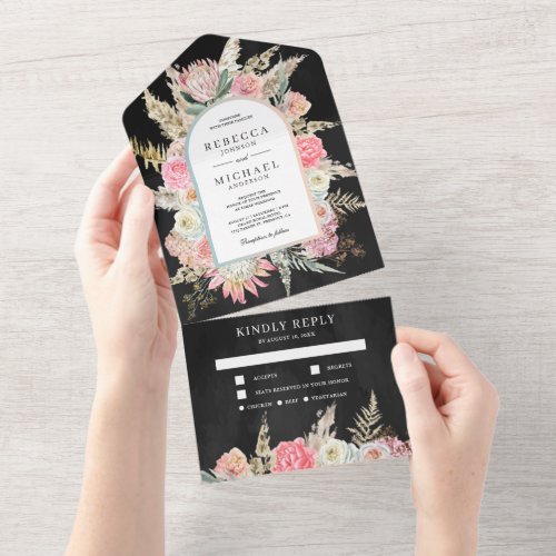 Blush Pink Floral Boho Pampas Grass Black Wedding All In One Invitation