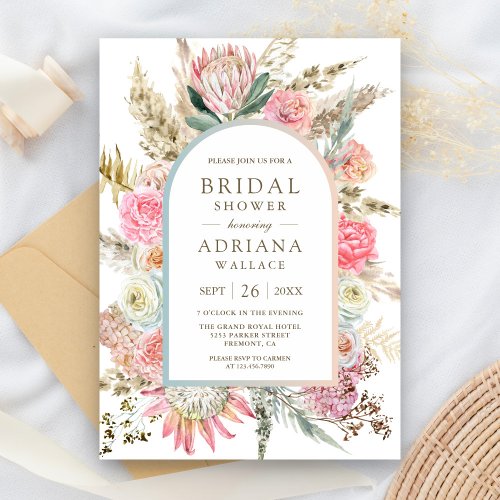 Blush Pink Floral Boho Pampas Grass Bridal Shower Invitation