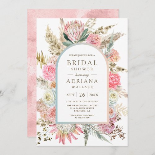 Blush Pink Floral Boho Pampas Grass Bridal Shower Invitation