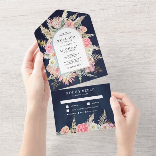 Blush Pink Floral Boho Pampas Grass Navy Wedding All In One Invitation