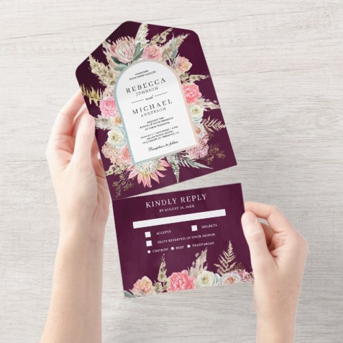 Blush Pink Floral Boho Pampas Grass Plum Wedding All In One Invitation