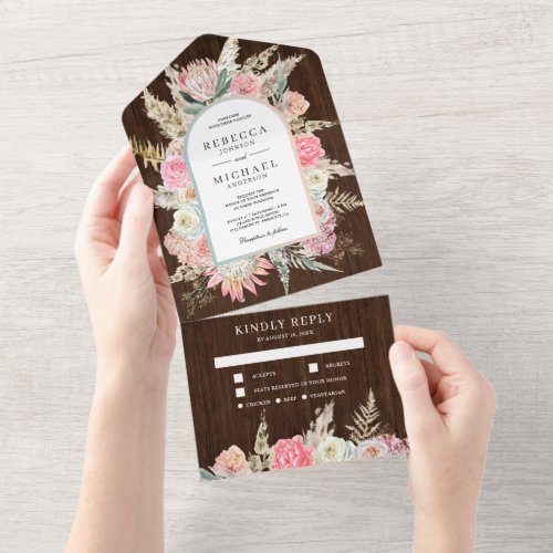 Blush Pink Floral Boho Pampas Grass Wood Wedding All In One Invitation
