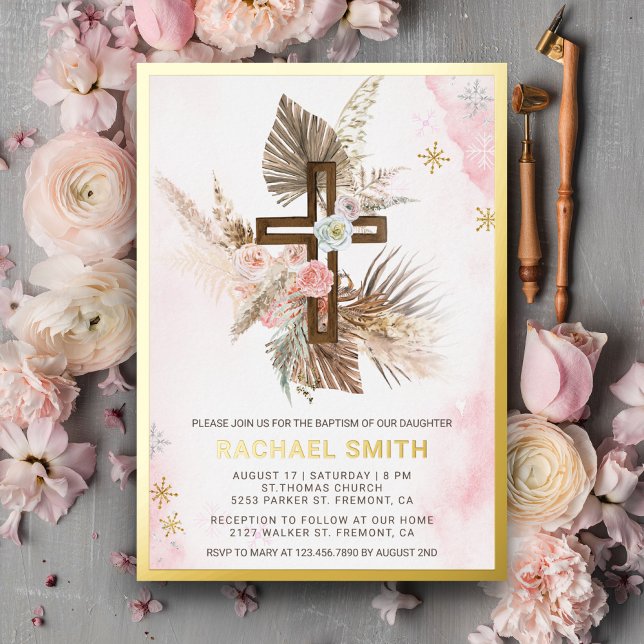 Blush Pink Floral Boho Pampas Wood Cross Baptism Foil Invitation (Creator Uploaded)