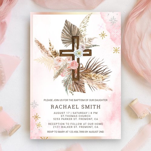 Blush Pink Floral Boho Pampas Wood Cross Baptism Invitation