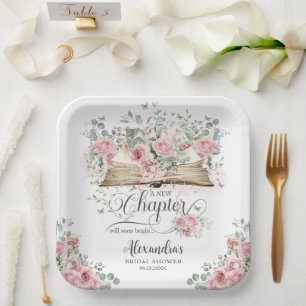Blush Pink Floral Book New Chapter Bridal Shower Paper Plates