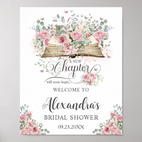 Blush Pink Floral Book New Chapter Bridal Shower Poster