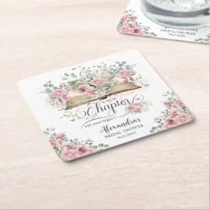 Blush Pink Floral Book New Chapter Bridal Shower Square Paper Coaster
