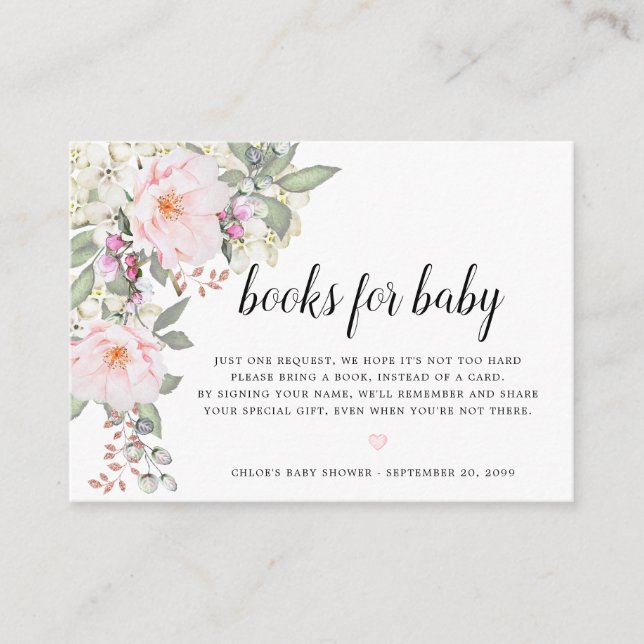 Blush Pink Floral Book Request Baby Shower Enclosure Card (Front)