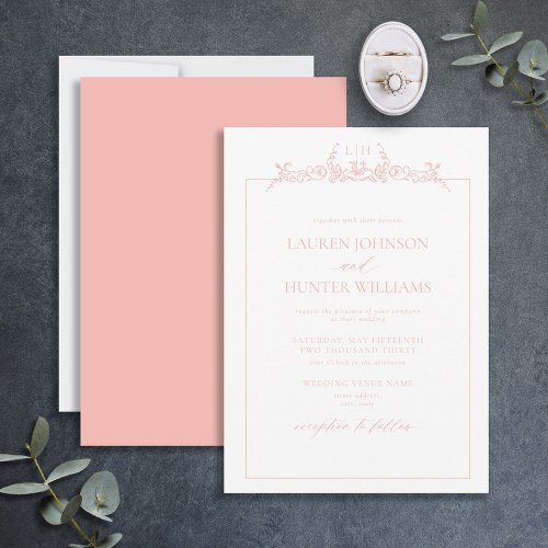 Blush Pink Floral Border Monogram Wedding Invitation